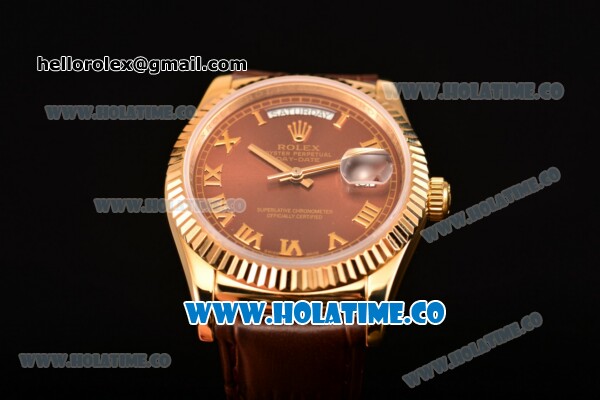 Rolex Day-Date Asia 2813/Swiss ETA 2836/Clone Rolex 3135 Automatic Yellow Gold Case with Roman Numeral Markers and Brown Dial (BP) - Click Image to Close